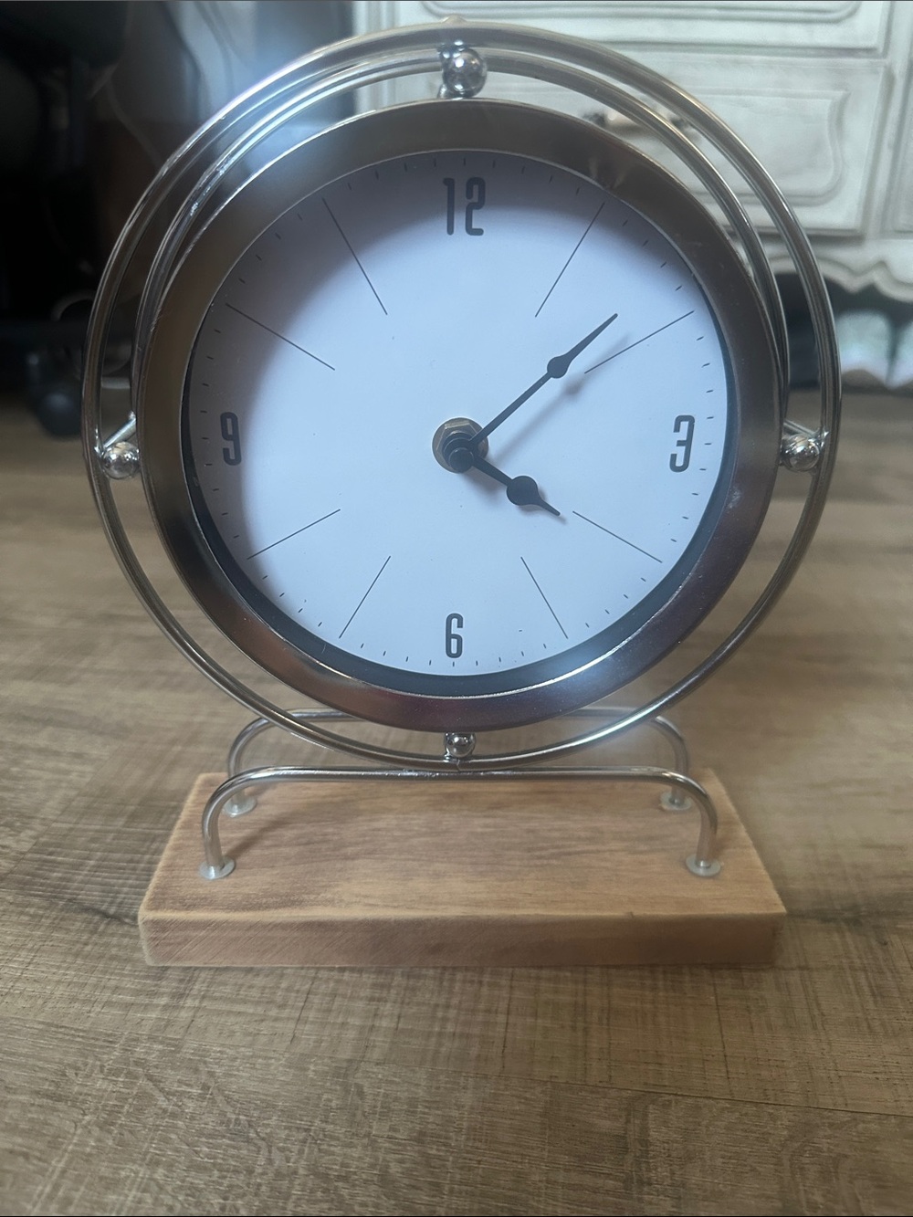 Silver and White Tabletop Clock with Wood Base - Minimal Decorative Clock